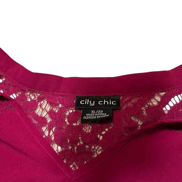 City Chic XL Lace Trim Long Sleeve Blouse Red Semi-Sheer Button Cuff - Picture 7 of 7